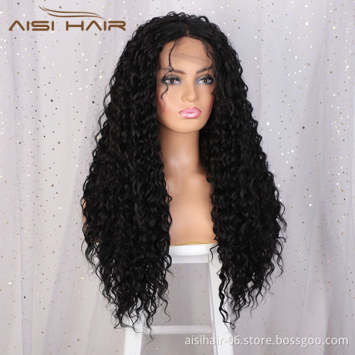 Aisi Hair 24 Inch Long Curly Wave Natural Black Swiss Lace Wig Afro Kinky Style Synthetic Lace Frontal Hair Wigs For Black Women